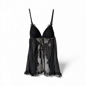 In Bloom by Jonquil Black Open Tie Back Lace Babydoll Lingerie Size Small Ruffle